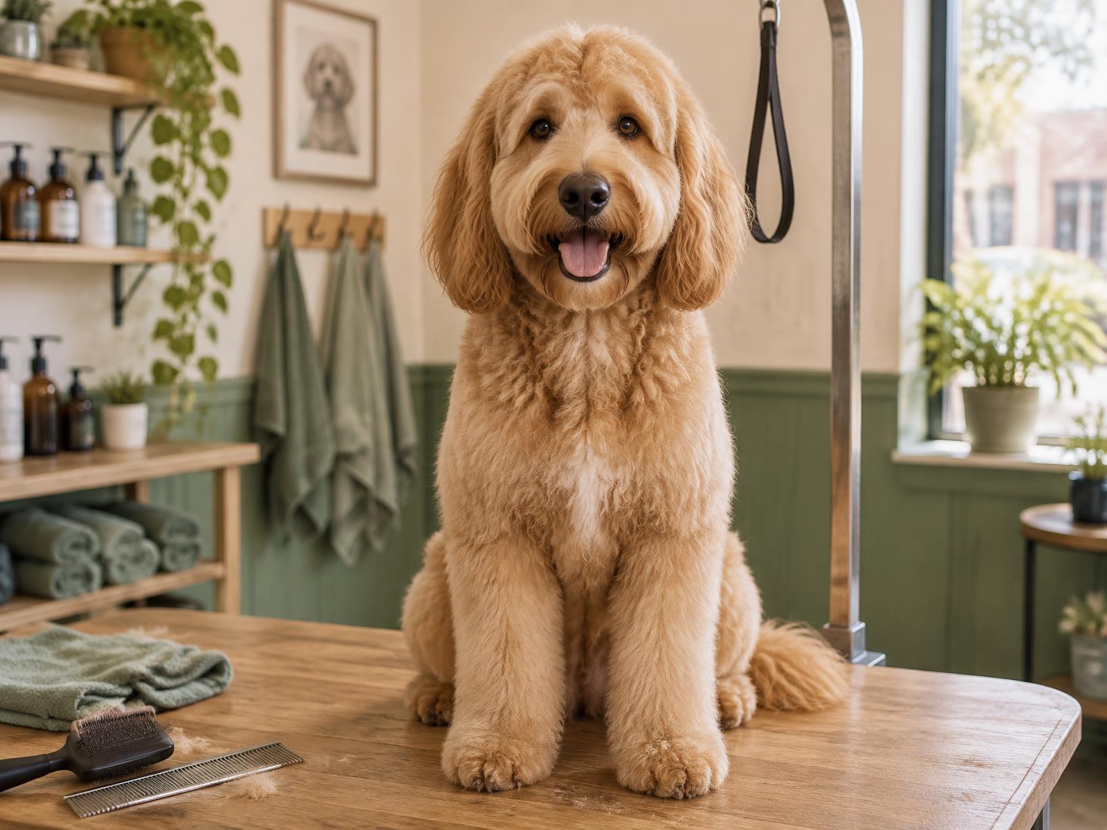 A freshly groomed doodle sitting on the grooming table at Pet Salon By Rich